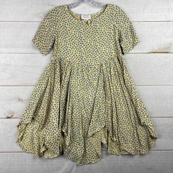 Roody Kazoody Girls Dress Sz 7 Yellow Blue Floral Boho Asymmetrical Hem Vtg 90s - Picture 1 of 8